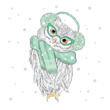 Owl wearing a scarf and headphones . Winter. Watercolor . Vector illustration for greeting card, poster, or print on clothes. clipart