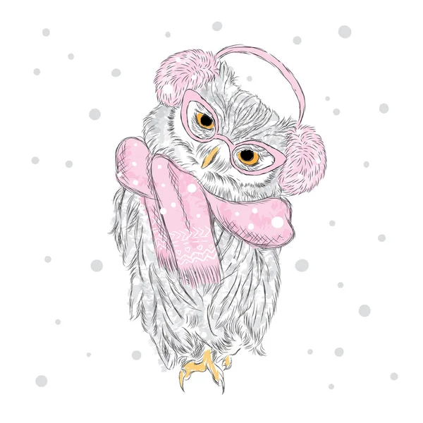 Baykuş bir eşarp ve kulaklık giyiyor . Kış. Suluboya. Tebrik kartı, poster veya giysilere baskı için vektör çizimi. — Stok Vektör