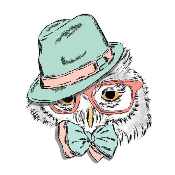 Uil die een hoed en een zonnebril draagt. Mode stijl. Afdrukken. Hipster. Vogel vector. — Stockvector