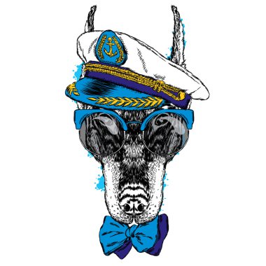 Kaptanın şapkası ve gözlükleri güzel Doberman. Tebrik kartı, poster veya giysilere baskı için vektör çizimi. Köpek kıyafetleri. Moda & Stil.