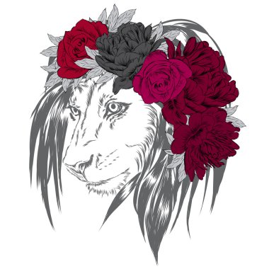 Aslan çiçek tacı takıyor. Tebrik kartı, poster veya giysilere baskı için vektör çizimi.