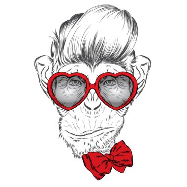 Hipster. Maymunlu kartpostal. Bir tebrik kartı, poster veya giysilere baskı için vektör çizimi.