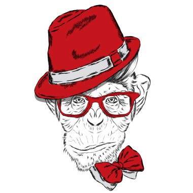 Hipster. Maymunlu kartpostal. Bir tebrik kartı, poster veya giysilere baskı için vektör çizimi.