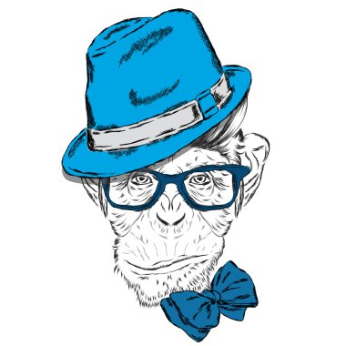 Hipster. Maymunlu kartpostal. Bir tebrik kartı, poster veya giysilere baskı için vektör çizimi.