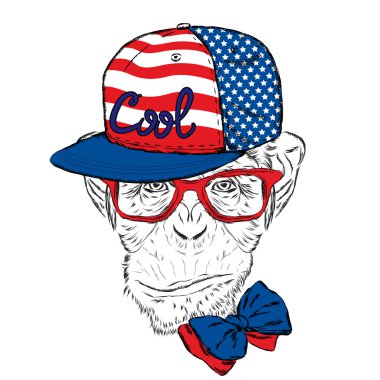 Hipster. Maymunlu kartpostal. Bir tebrik kartı, poster veya giysilere baskı için vektör çizimi.