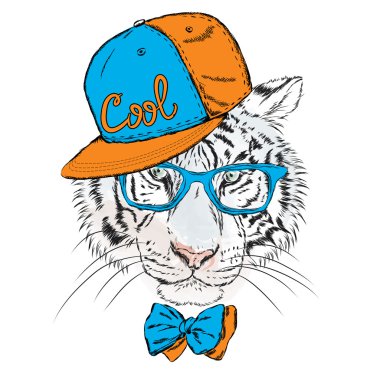 Vektör kaplan gözlük ve şapka takıyor. Hipster. Tebrik kartı, poster veya giysilere baskı için vektör çizimi.