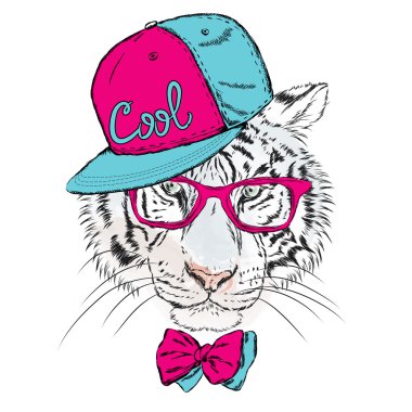 Vektör kaplan gözlük ve şapka takıyor. Hipster. Tebrik kartı, poster veya giysilere baskı için vektör çizimi.