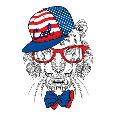 Kravatlı etnik kaplan. Moda ve Stil. Hipster. Yazdırma. Tebrik kartı, poster veya giysilere baskı için vektör çizimi.