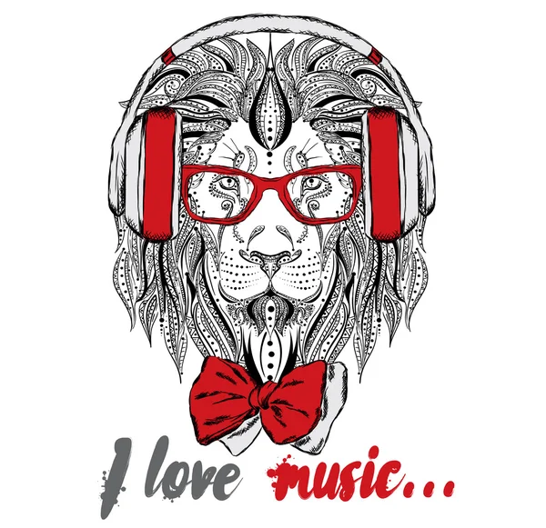 Auriculares Leo. Hipster. León en el estilo étnico. Batik. . — Vector de stock