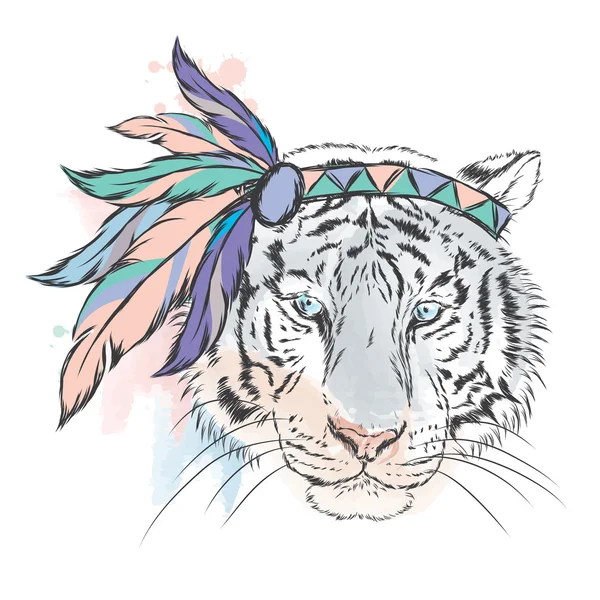 Tigre con aderezo indio. Ilustración vectorial para tarjeta de felicitación, póster o impresión en ropa . — Vector de stock