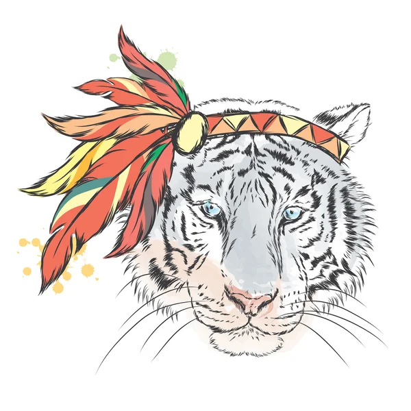 Tigre con aderezo indio. Ilustración vectorial para tarjeta de felicitación, póster o impresión en ropa . — Vector de stock