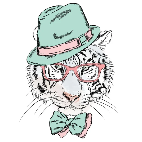 Tigre vecteur portant des lunettes et un chapeau. Hipster. Illustration vectorielle pour carte de vœux, affiche ou impression sur vêtements . — Image vectorielle