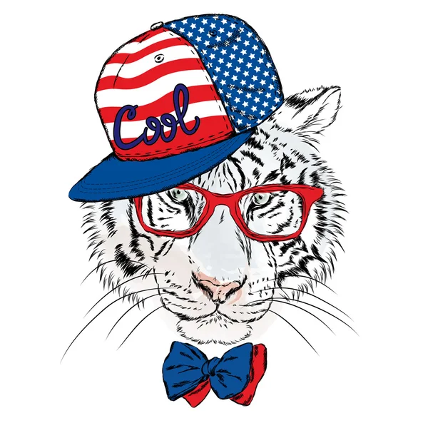 Vektorový tygr nosí brýle a čepici. Bederní. Vektorová ilustrace přání, plakátu nebo tisku na oblečení. — Stockový vektor