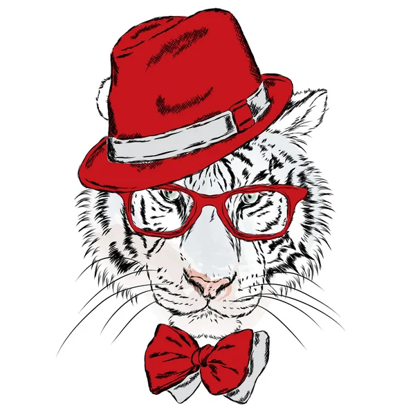 Tigre vetor usando óculos e um chapéu. Hipster. Ilustração vetorial para cartão, cartaz ou impressão em roupas . — Vetor de Stock