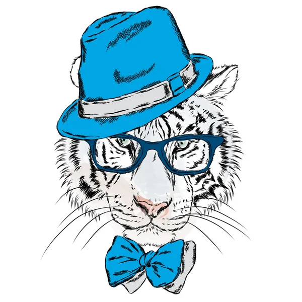 Una tigre vettoriale con occhiali e cappello. Hipster. Illustrazione vettoriale per biglietto di auguri, poster o stampa su vestiti . — Vettoriale Stock