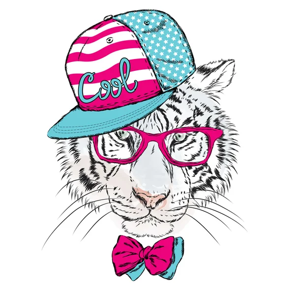 Vektorový tygr nosí brýle a čepici. Bederní. Vektorová ilustrace přání, plakátu nebo tisku na oblečení. — Stockový vektor