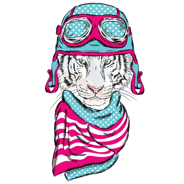 Tigre vectorial con casco. Ilustración vectorial para tarjeta de felicitación, póster o impresión en ropa . — Vector de stock