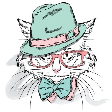 Şapkalı ve gözlüklü kedi. Hipster. Bir tebrik kartı, poster veya giysilere baskı için vektör çizimi.