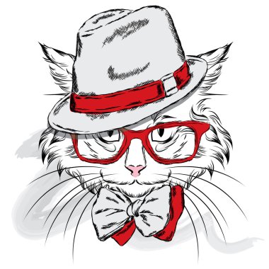 Şapkalı ve gözlüklü kedi. Hipster. Bir tebrik kartı, poster veya giysilere baskı için vektör çizimi.