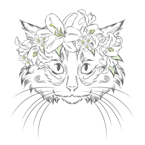 Gato en una corona de flores. Ilustración vectorial . — Archivo Imágenes Vectoriales