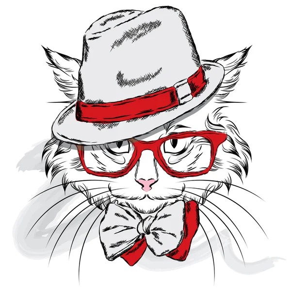 Şapkalı ve gözlüklü kedi. Hipster. Bir tebrik kartı, poster veya giysilere baskı için vektör çizimi.
