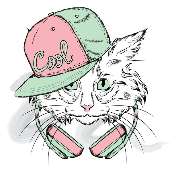 Katze im Kopfhörer. Hipster. Vektor-Illustration für Grußkarte, Poster oder Druck auf Kleidung. — Stockvektor