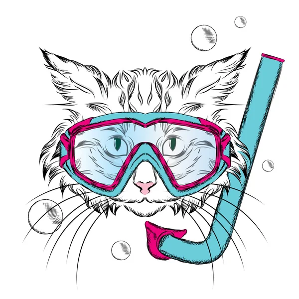 Gato usando una máscara para bucear. Hipster. Ocio en el mar. Vacaciones. Nadador. . — Archivo Imágenes Vectoriales