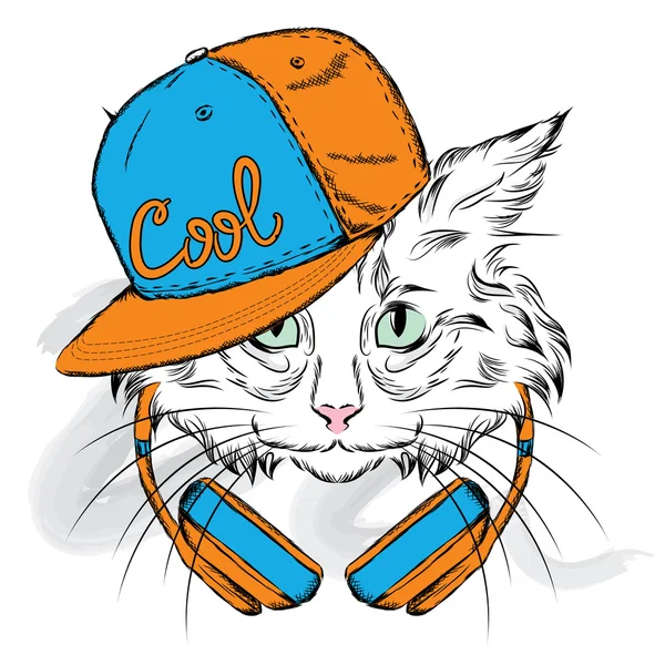 Gato nos auscultadores. Hipster. Ilustração vetorial para cartão, cartaz ou impressão em roupas . — Vetor de Stock