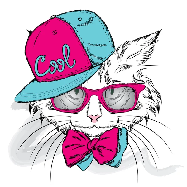모자와 안경에 고양이. 소식통. 인사말 카드, 포스터 또는 옷에 인쇄할 벡터 그림. — 스톡 벡터