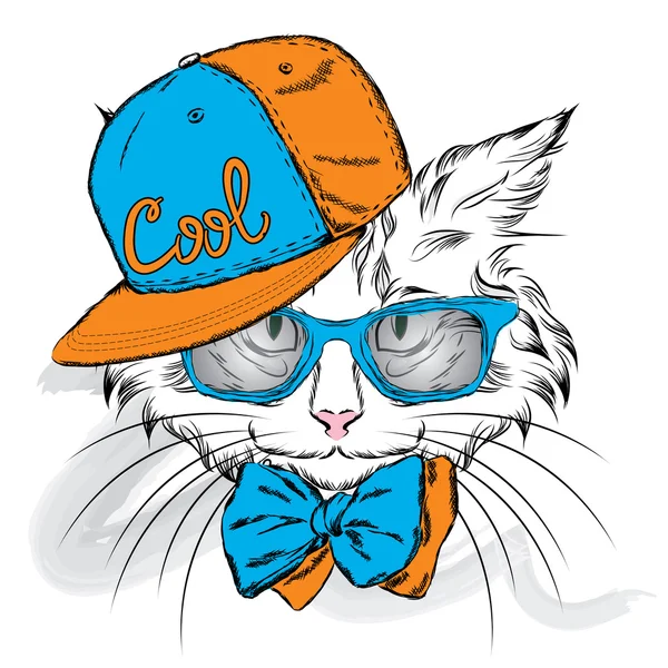 Chat dans une casquette et des lunettes. Hipster. Illustration vectorielle pour une carte de vœux, une affiche ou une impression sur des vêtements . — Image vectorielle