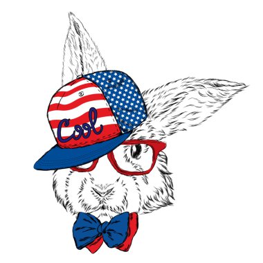 Şapkalı tavşan ve kravat. Hipster. Hayvanlarla kart.