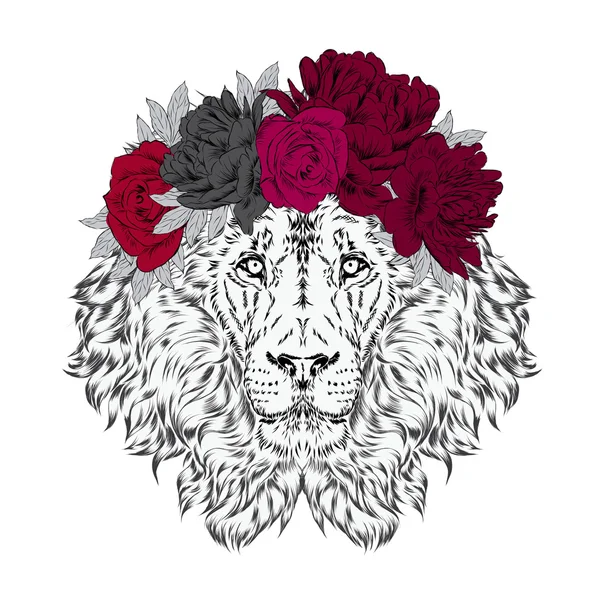 Lew w koronie kwiatów. Ilustracja wektorowa. — Wektor stockowy