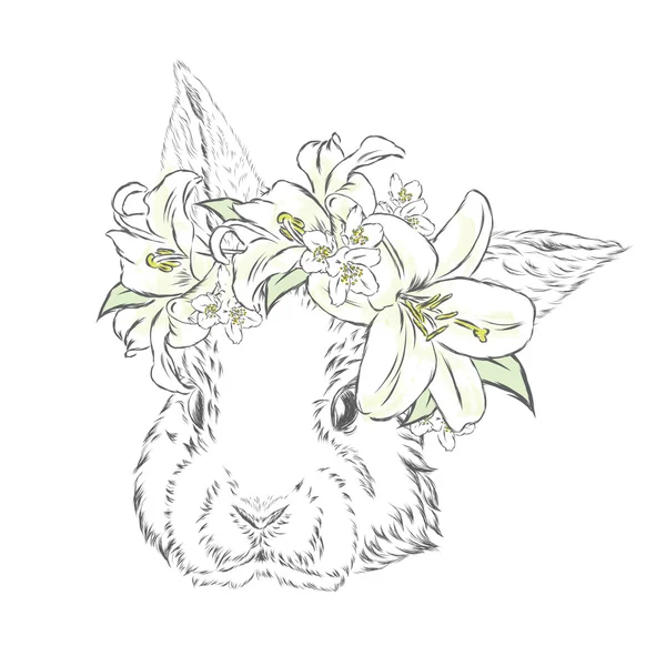 Милый кролик в венке из цветов. Вектор кролика. Векторная иллюстрация для открытки, плаката или печати на одежде . — стоковый вектор
