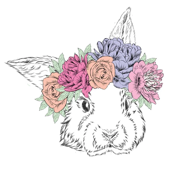 Lindo conejo en una corona de flores. Vector de conejo. Ilustración vectorial para tarjeta de felicitación, póster o impresión en ropa . — Vector de stock