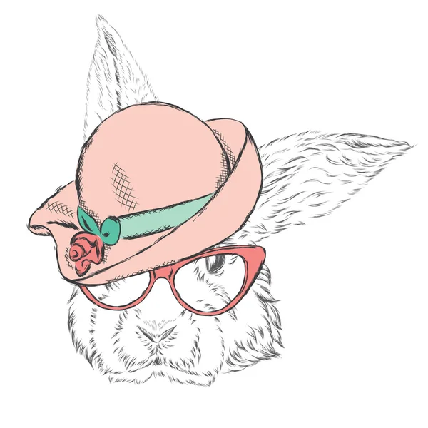 Lindo conejo en un sombrero de mujer y gafas de sol  . — Vector de stock