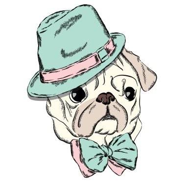 Köpek vektör. Pug bir şapka ve kravat takıyor. Vektör çizim tebrik kartı, poster ya da giyim üzerine baskı için.