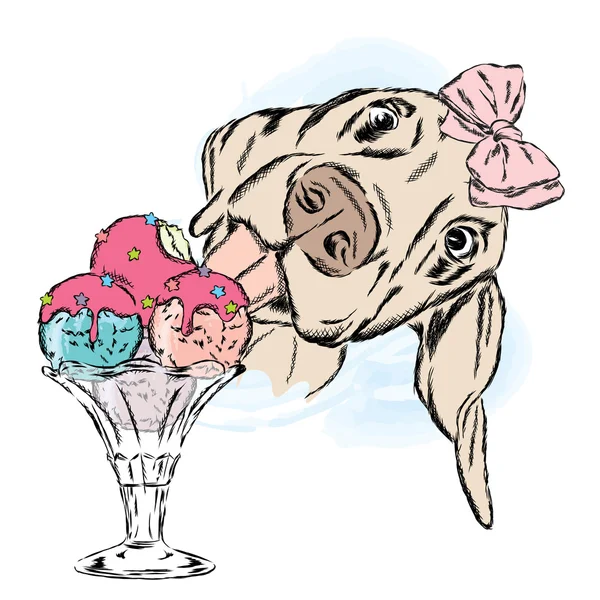 Dog eats ice cream. Vector illustration. Cute puppy with dessert. — Stock Vector