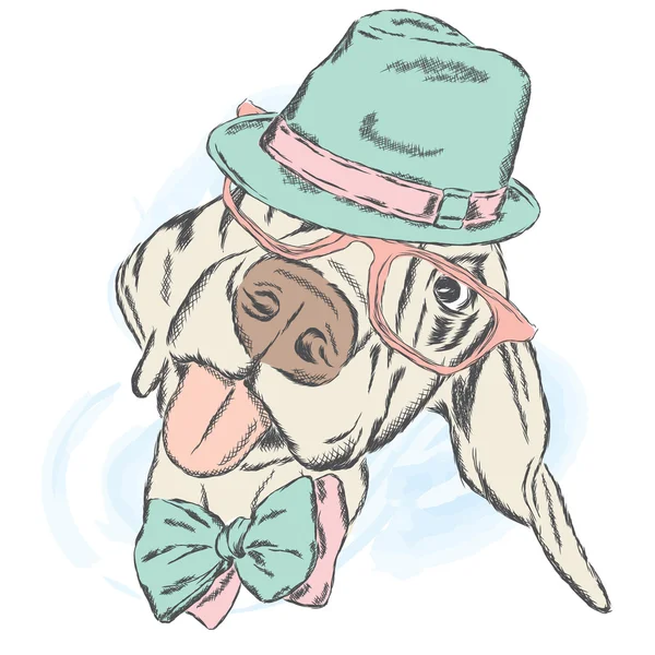 Lindo perro con sombrero y corbata. Ilustración vectorial . — Vector de stock