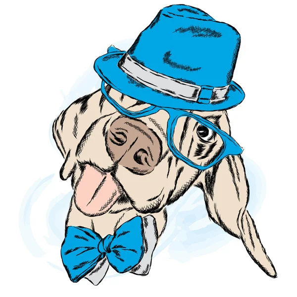 可爱的小狗在一顶帽子和领带。矢量图. — 图库矢量图片