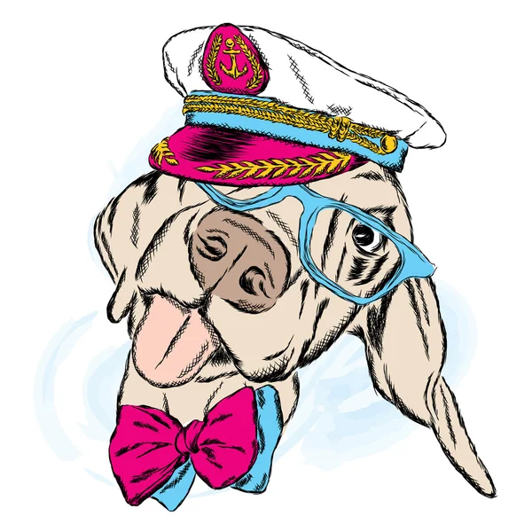 可爱的小狗在船长的帽子。水手。矢量图. — 图库矢量图片