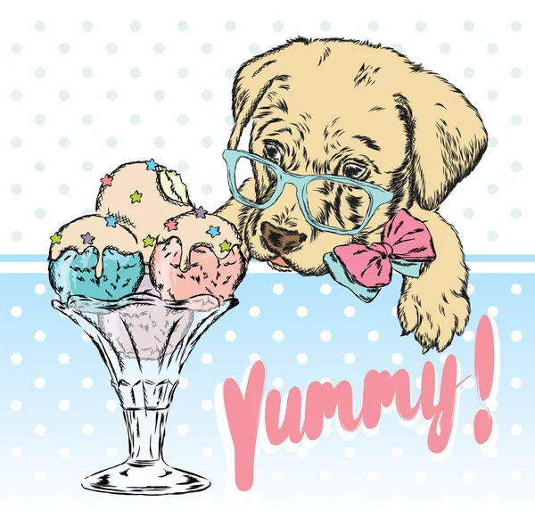 Cute puppy with ice cream. Vector illustration. — Stock Vector