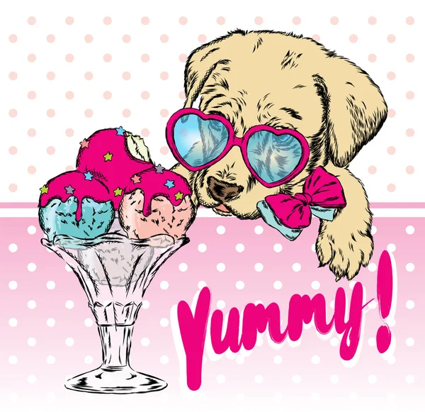 Lindo cachorro con helado. El perro come postre. Ilustración vectorial . — Vector de stock