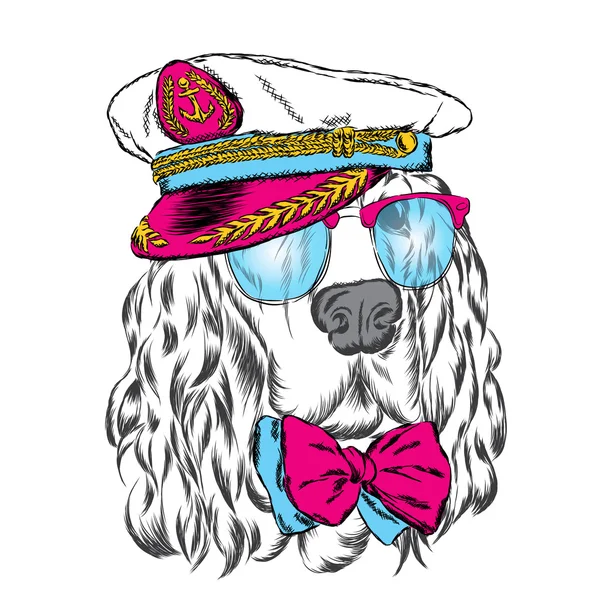 Spaniel in der Kapitänsmütze. Vektorillustration eines Hundes. — Stockvektor