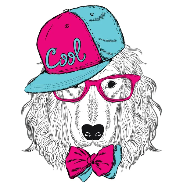 Spaniel con berretto e cravatta. Tesoro, cane. Hipster. Illustrazione vettoriale per biglietto di auguri, poster, stampa o abbigliamento . — Vettoriale Stock