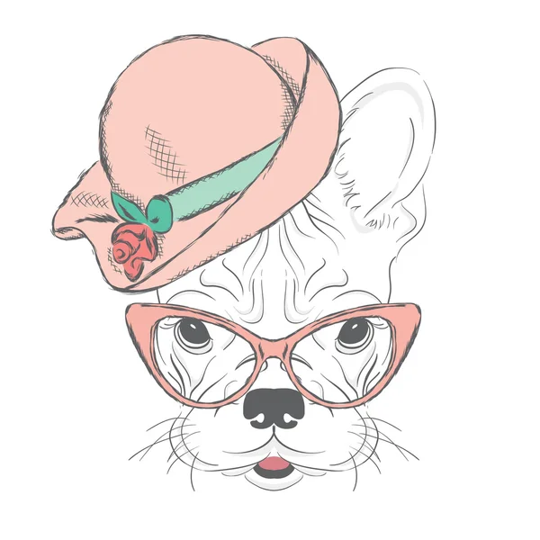 Bulldog francés con sombrero de mujer. Ilustración vectorial . — Vector de stock