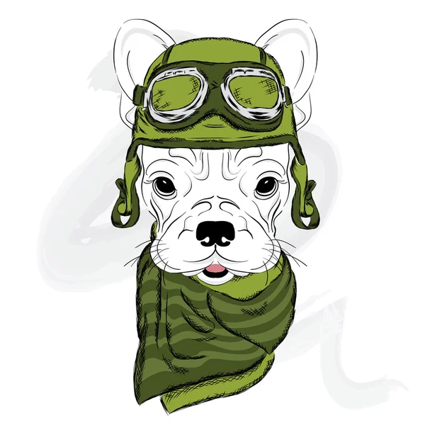 Bulldog con casco y cravat. Motociclista. Tarjeta de felicitación con un perro . — Archivo Imágenes Vectoriales