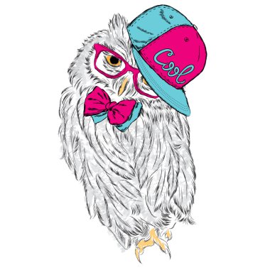 Şapka ve kravat takan baykuş. Yazdırma. Hipster. Boyalı Kuş. 