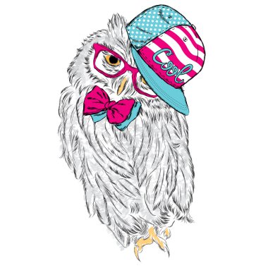 Şapka ve kravat takan baykuş. Yazdırma. Hipster. Boyalı Kuş. 