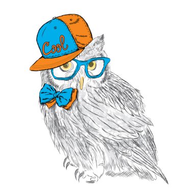 Şapka ve kravat takan baykuş. Yazdırma. Hipster. Boyalı Kuş. 