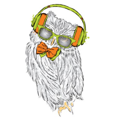 Baykuş kulaklıklarla. Vektör çizim tebrik kartı, poster ya da giyim üzerine baskı için.